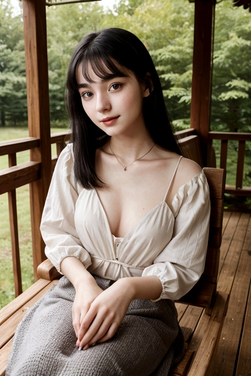 A young girl from Northern Europe, 21 years old, happy, cute face, pale skin, black hair, eyeliner, thin nose, wearing a neckline, wooden house porch, sitting on a wood chair