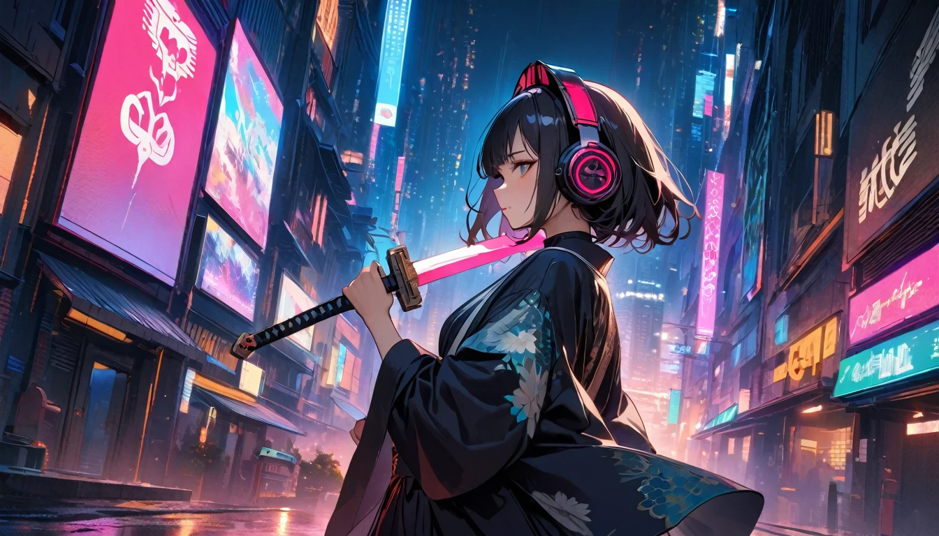 (((8K, Masterpiece, high resolution, highest quality, highest quality real texture skin))), ((wearing Japanese pattern headphones)), (((1 girl))), (((Japanese pattern haori))), (((Hold the sword in your right hand))), (((Cyberpunk City at Night))), ((sunglasses)), (((Maid))), (Black shiny hair, beige skin)