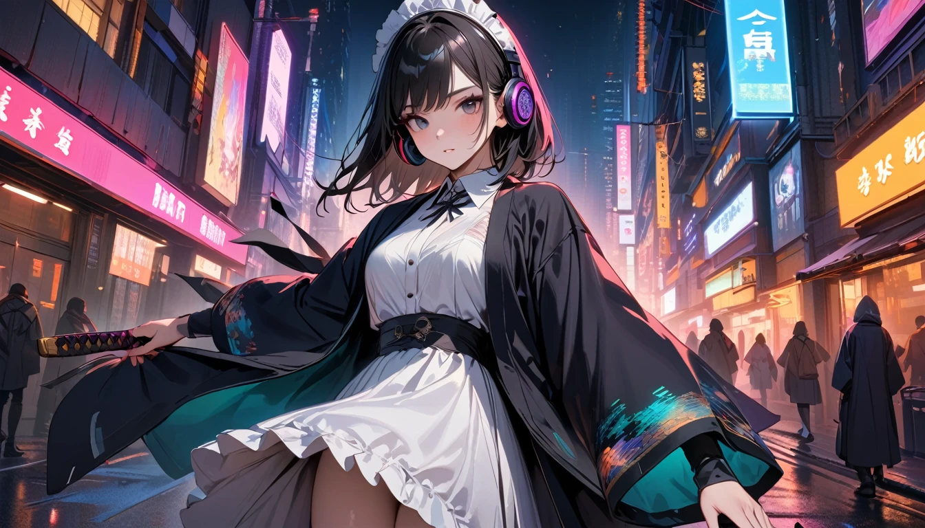 (((8K, Masterpiece, high resolution, highest quality, highest quality real texture skin))), ((wearing Japanese pattern headphones)), (((1 girl))), (((Japanese pattern haori))), (((Hold the sword in your right hand))), (((Cyberpunk City at Night))), ((sunglasses)), (((Maid))), (Black shiny hair, beige skin)