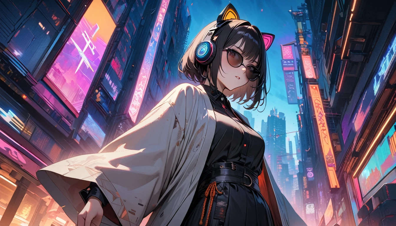 (((8K, Masterpiece, high resolution, highest quality, highest quality real texture skin))), ((wearing Japanese pattern headphones)), (((1 girl))), (((Japanese pattern haori))), (((Hold the sword in your right hand))), (((Cyberpunk City at Night))), ((sunglasses)), (((Maid))), (Black shiny hair, beige skin)