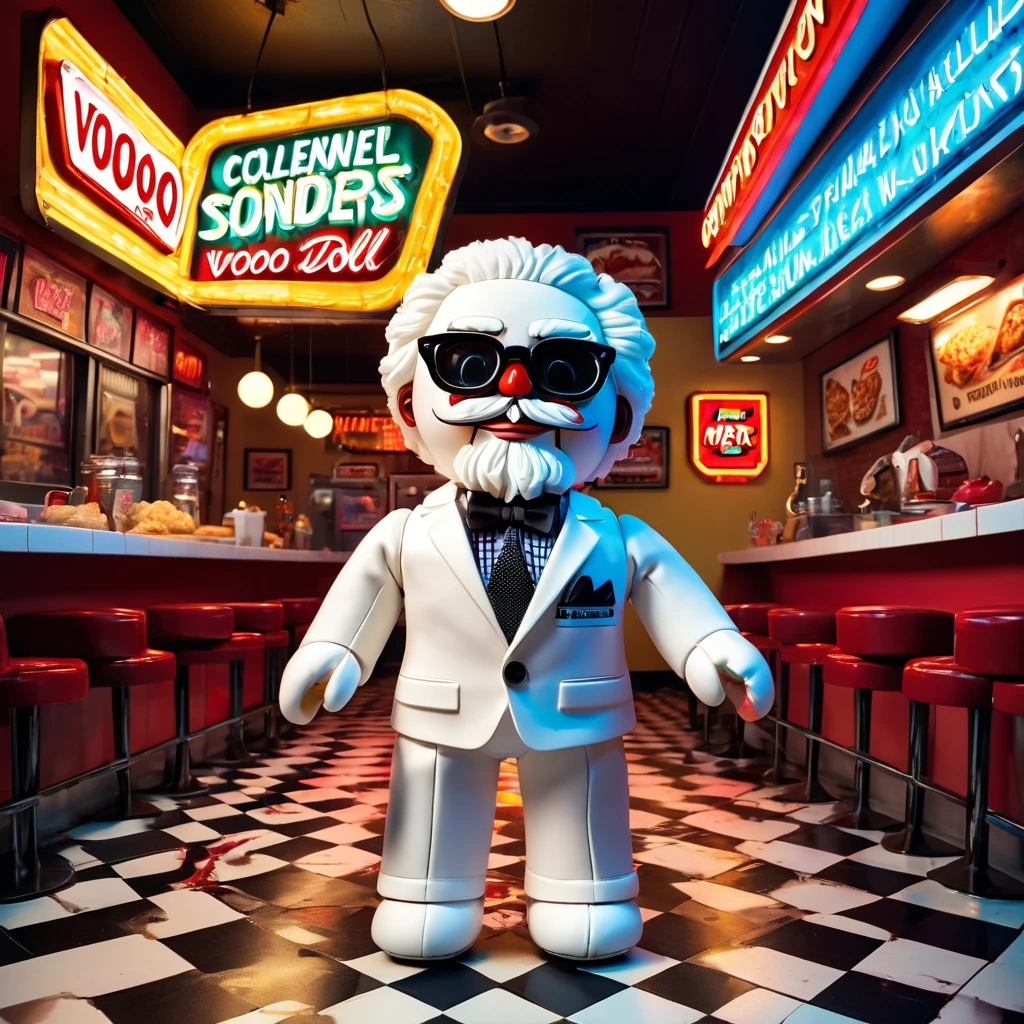 (knitted toy voodoo doll:1.7), (voodoo colonel sanders:1.4), (clothing: white suit with black string tie:1.0), (accessories: bucket of fried chicken, glasses:1.1), (background: vintage fast food restaurant with neon signs and checkered floor:1.2), best quality, masterpiece, detailed soft oil painting, detailed background, dramatic cinematic lighting, soft edge lighting, professional, dramatic lighting, hard edge lighting, ultra quality, 4k, masterpiece, best quality, 8k, ultra high definition, high resolution, extremely detailed