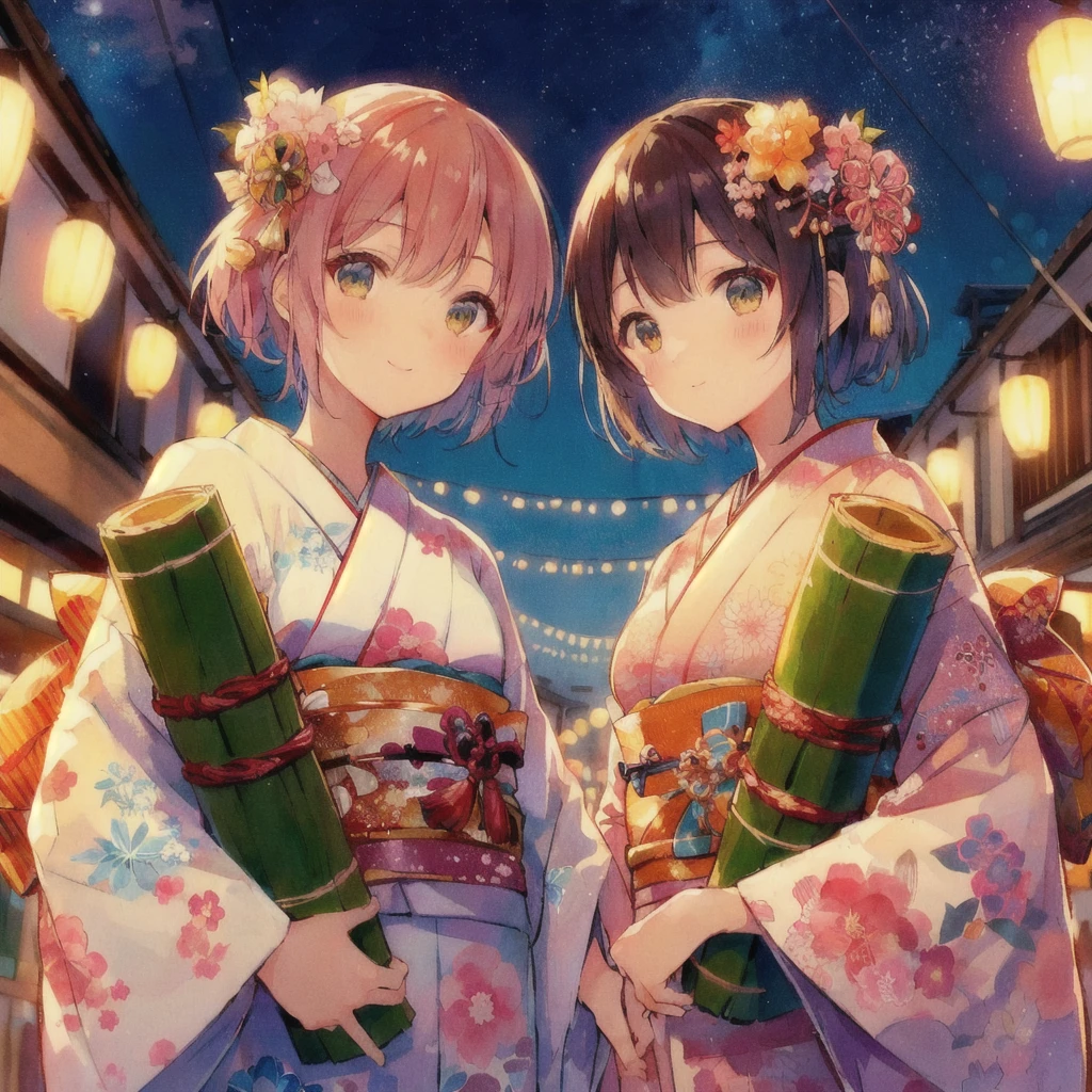 anime couple In kimono dress holding bamboo poles in a city, Tanabata Festival,80s anime style,Lofi,Japanese art style, Two beautiful anime girls, smile,Summer Festival Night, Kyoto Animation Style, pixiv Contest Winner, In kimono, In a Japanese town at night, In kimono, Anime-style illustrations, Happy!!!, Anime Style 4k, Anime Background, Twin tails, Anime Background art