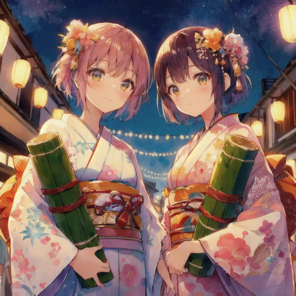 anime couple In kimono dress holding bamboo poles in a city, Tanabata Festival,80s anime style,Lofi,Japanese art style, Two beautiful anime girls, smile,Summer Festival Night, Kyoto Animation Style, pixiv Contest Winner, In kimono, In a Japanese town at night, In kimono, Anime-style illustrations, Happy!!!, Anime Style 4k, Anime Background, Twin tails, Anime Background art