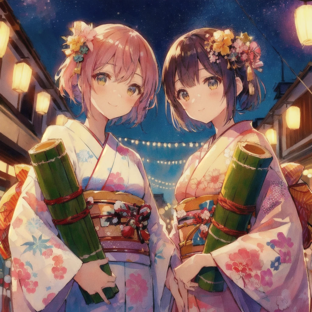 anime couple In kimono dress holding bamboo poles in a city, Tanabata Festival,80s anime style,Lofi,Japanese art style, Two beautiful anime girls, smile,Summer Festival Night, Kyoto Animation Style, pixiv Contest Winner, In kimono, In a Japanese town at night, In kimono, Anime-style illustrations, Happy!!!, Anime Style 4k, Anime Background, Twin tails, Anime Background art