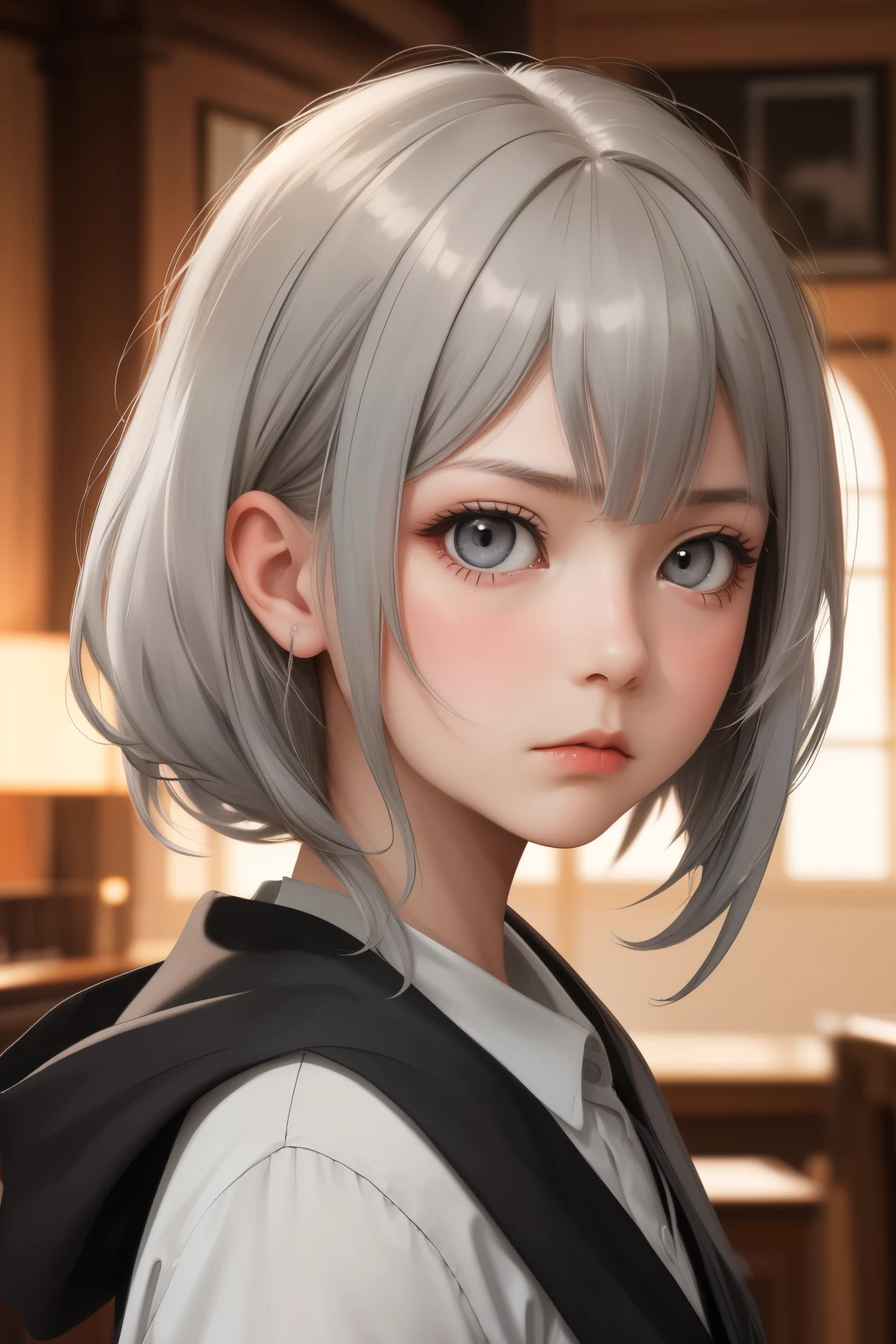 young girl, long light grey hair, detailed grey eyes, apathetic expression