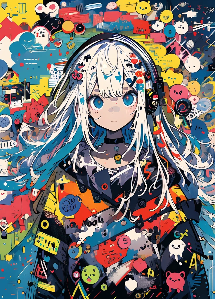 masterpiece, top-quality, 1girl, Sloppy face solo, croptop, denim, a choker, (doodle:1.5), Paint Splatter, arms behind back, Hitting a wall, Look at viewers, Armbands, , Paint on the body, tilt of the head, tedium, O cabelo multicolorido, Aqua Eye, headset on head,