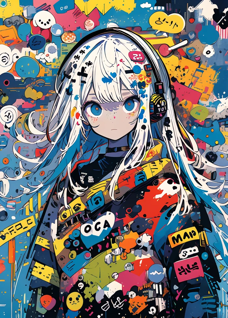 masterpiece, top-quality, 1girl, Sloppy face solo, croptop, denim, a choker, (doodle:1.5), Paint Splatter, arms behind back, Hitting a wall, Look at viewers, Armbands, , Paint on the body, tilt of the head, tedium, O cabelo multicolorido, Aqua Eye, headset on head,