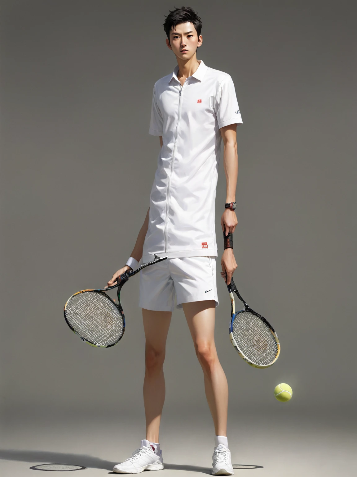 There is a painting，The painting shows a man holding a tennis racket, OPPEIN PROPORTION, Realistic Proportion sfw, whole body, Realistic Proportion!!, Front view full size, whole body人物画, Character posing in concept art, Realistic Proportion, Complete body, Real body proportions, Main image, 详细的whole body概念,Anime proportions, 