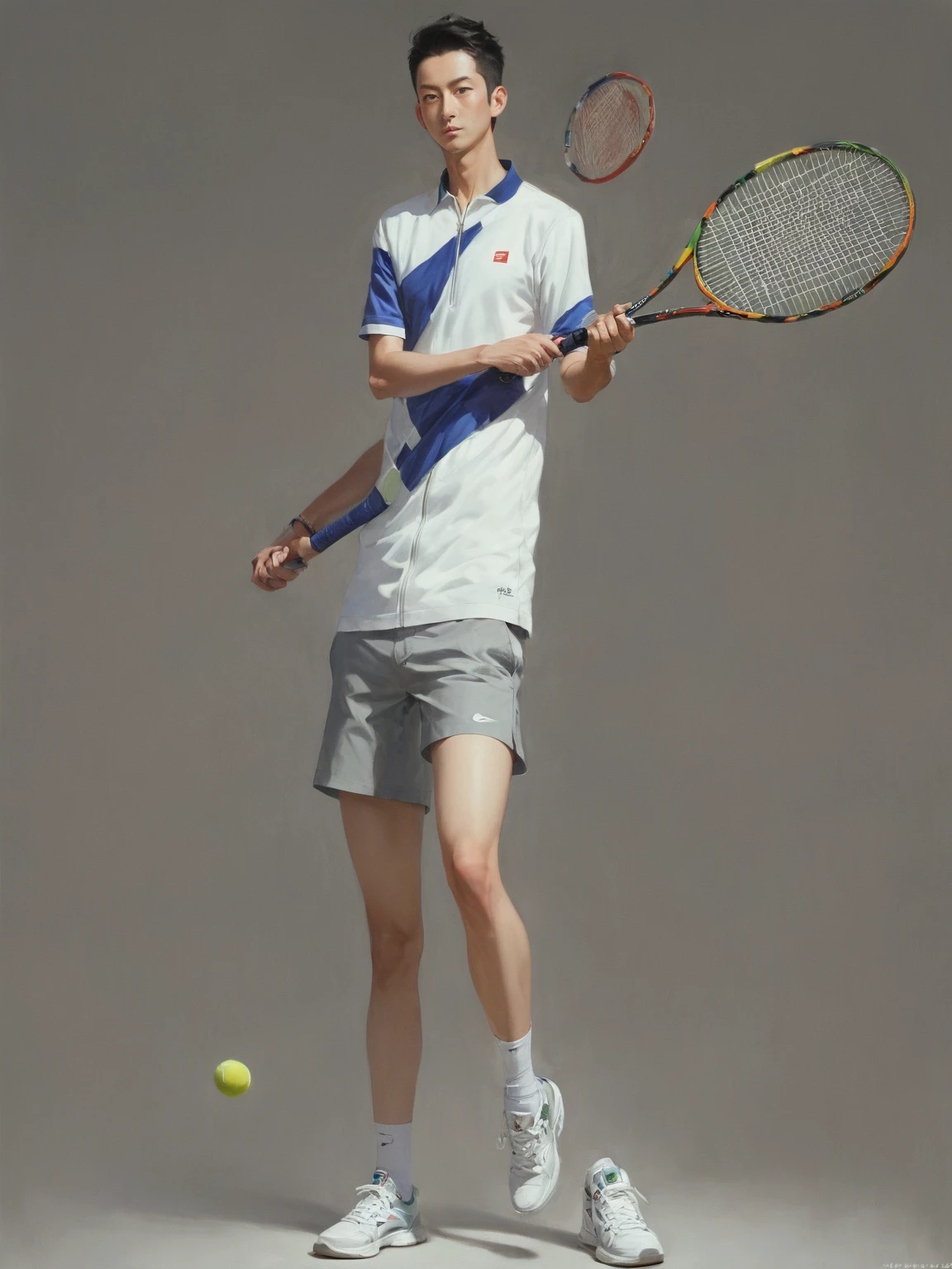 There is a painting，The painting shows a man holding a tennis racket, OPPEIN PROPORTION, Realistic Proportion sfw, whole body, Realistic Proportion!!, Front view full size, whole body人物画, Character posing in concept art, Realistic Proportion, Complete body, Real body proportions, Main image, 详细的whole body概念,Anime proportions, 