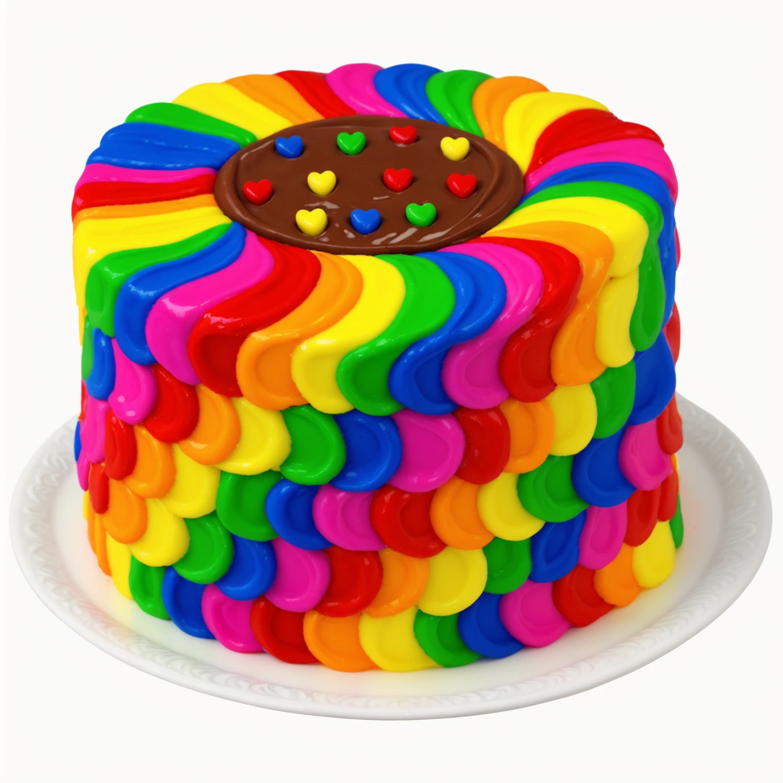 White Plate. rainbow cream cake. smears of cream in a checkerboard pattern, hole with chocolate drips on top, ((cream highlights)), on a white background, Multiple light sources, beautiful sunlight, Bright light source, bright lighting, beautiful light sources, Multiple light sources, Realistic style , realistic texture, detailed texture, A high resolution, high quality, macro photography