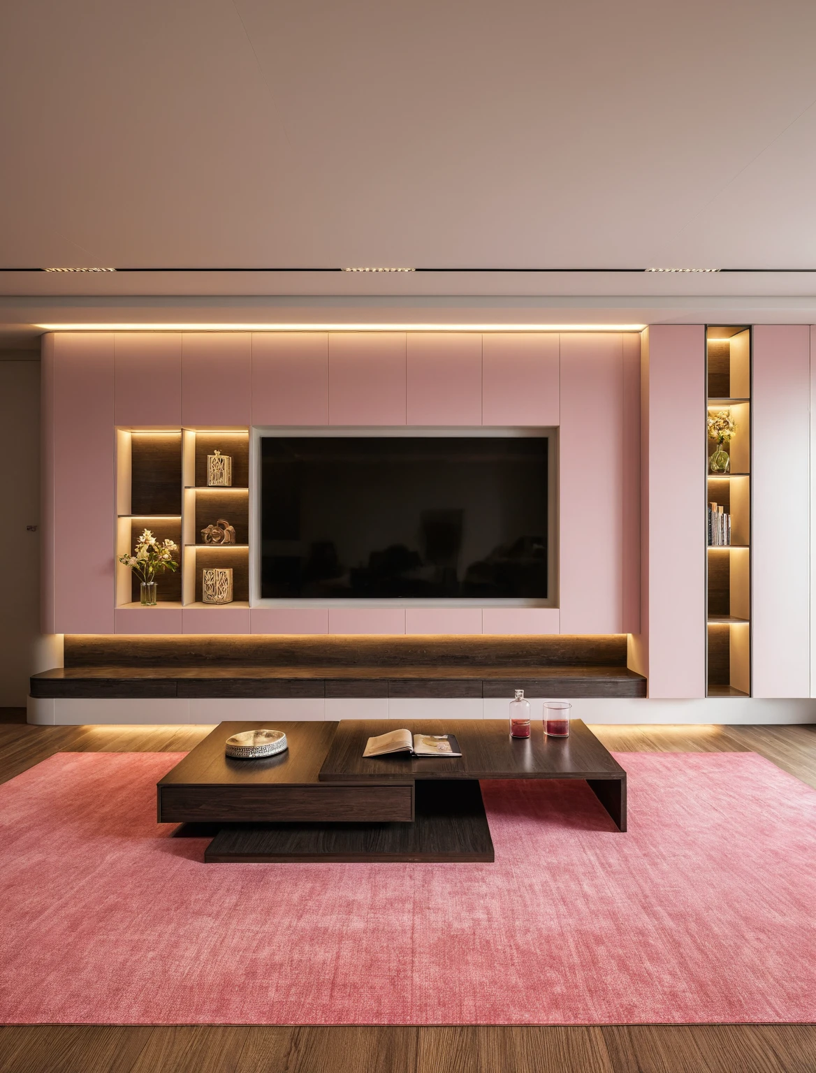 Raw photo,Masterpiece, high quality, best quality, authentic, super detail, interior , sunset, daylight, living room style Modern luxury, TV cabinet, TV, decorative cabinet, books, flower vases, bottles, tea table, tray, wine bottle, open book, carpet, wooden floor, curve, (PINK tones))