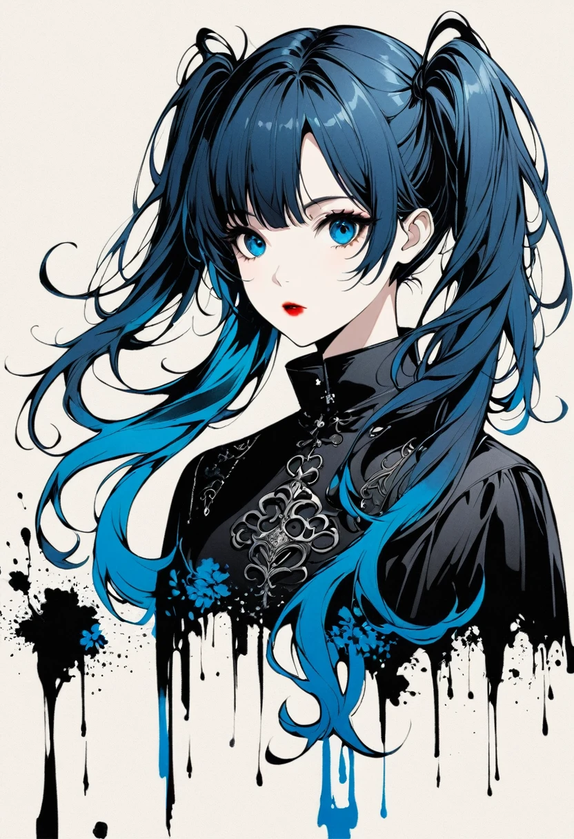 a girl with twin pigtails, gothic style, minimalist, line art, negative space, ink painting, abstract, azure blue