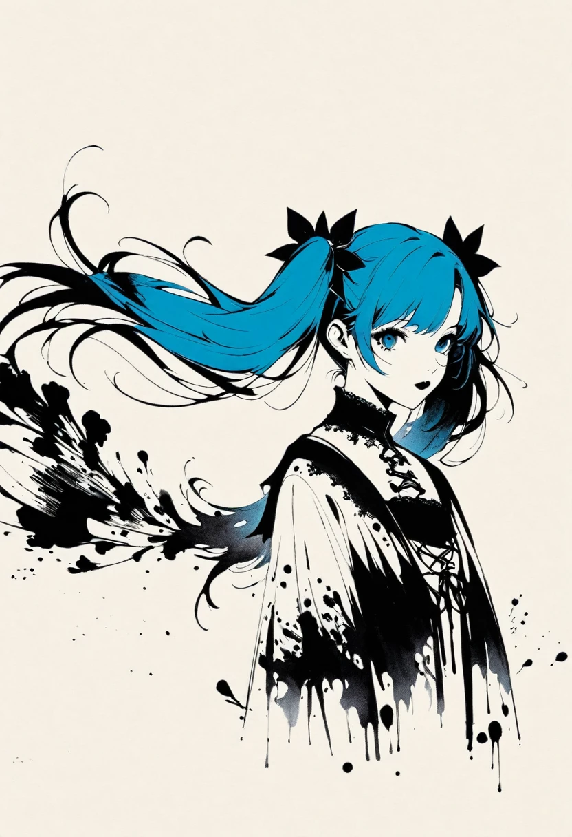 a girl with twin pigtails, gothic style, minimalist, line art, negative space, ink painting, abstract, azure blue