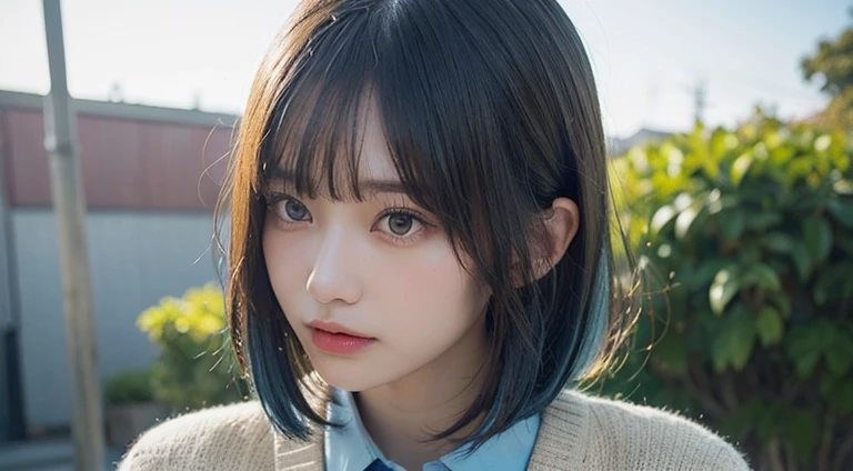 (Bob Cut Hair, Light blue hair:1.2),(Wear a cardigan over a collared shirt:1.2),1 girl,Japanese,21 years old,(Small breasts:1.3),(Highest quality,masterpiece:1.3,超A high resolution,),(Ultra-detailed,Caustics),(Photorealistic:1.4,RAW shooting,)Ultra-Realistic Capture,Very detailed,High resolution 16K human skin close-up。 Natural skin texture、,Pores、、It needs to be detailed enough to be easily identifiable。 Skin should be even-toned and healthy looking。 Use natural light and colour, Sad expression, Looking at the camera, Perfect dynamic composition, Outdoor