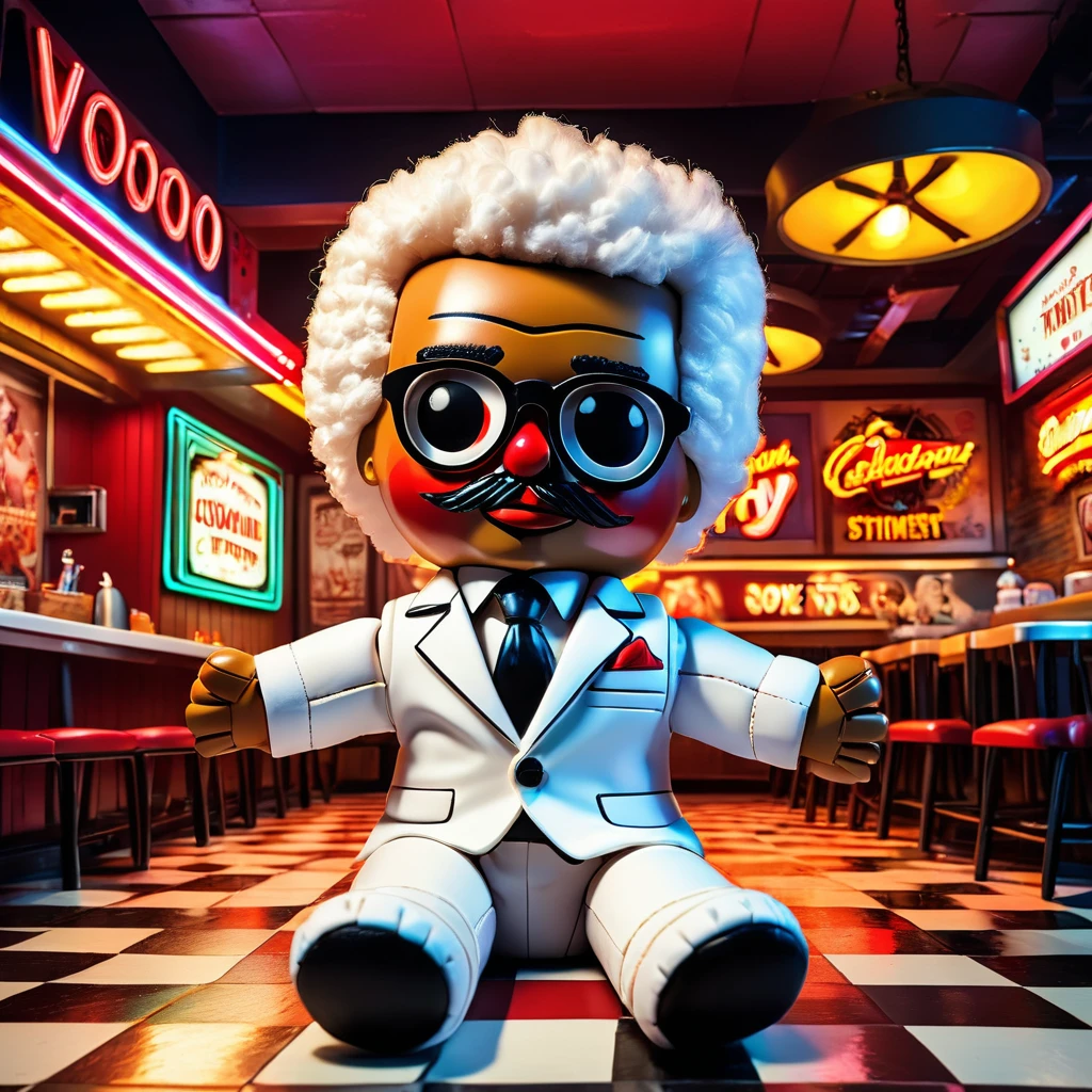 (knitted toy voodoo doll:1.9), (voodoo colonel sanders:1.3), (clothing: white suit with black string tie:1.0), (accessories: bucket of fried chicken, glasses:1.1), (background: vintage fast food restaurant with neon signs and checkered floor:1.2), best quality, masterpiece, detailed soft oil painting, detailed background, dramatic cinematic lighting, soft edge lighting, professional, dramatic lighting, hard edge lighting, ultra quality, 4k, masterpiece, best quality, 8k, ultra high definition, high resolution, extremely detailed