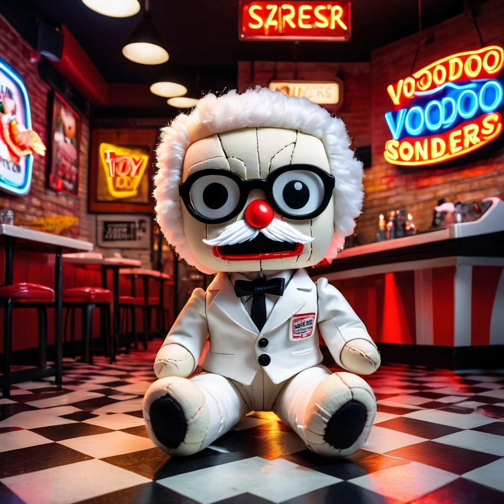 (knitted toy voodoo doll:1.9), (voodoo colonel sanders:1.3), (clothing: white suit with black string tie:1.0), (accessories: bucket of fried chicken, glasses:1.1), (background: vintage fast food restaurant with neon signs and checkered floor:1.2), best quality, masterpiece, detailed soft oil painting, detailed background, dramatic cinematic lighting, soft edge lighting, professional, dramatic lighting, hard edge lighting, ultra quality, 4k, masterpiece, best quality, 8k, ultra high definition, high resolution, extremely detailed