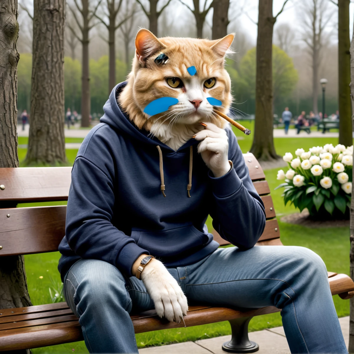 A golden Scottish Fold cat, Johnny, sits on a park bench, casually smoking a cigarette. The bench is surrounded by blooming flowers and tall trees. Johnny is wearing a casual outfit: a hoodie and jeans. His expression is relaxed but slightly bored.