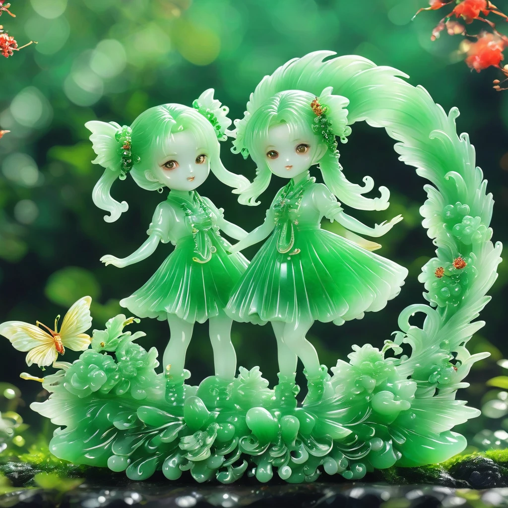 best quality, very good, 16K, ridiculous, Very detailed, Gorgeous(((Twin Tails Girls 1.3)))，Made of translucent jadeite, Background grassland（（A masterpiece full of fantasy elements）））， （（best quality））， （（Intricate details））（8K）