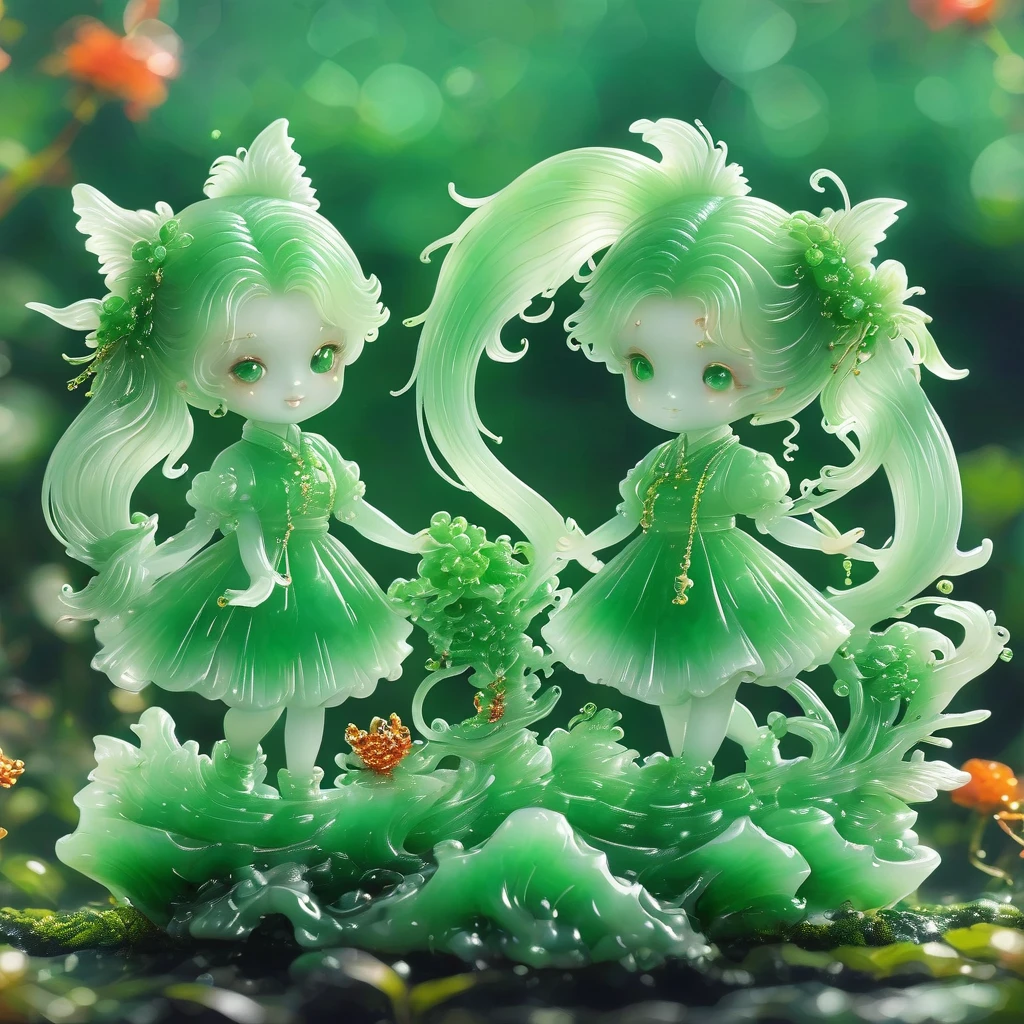 best quality, very good, 16K, ridiculous, Very detailed, Gorgeous(((Twin Tails Girls 1.3)))，Made of translucent jadeite, Background grassland（（A masterpiece full of fantasy elements）））， （（best quality））， （（Intricate details））（8K）