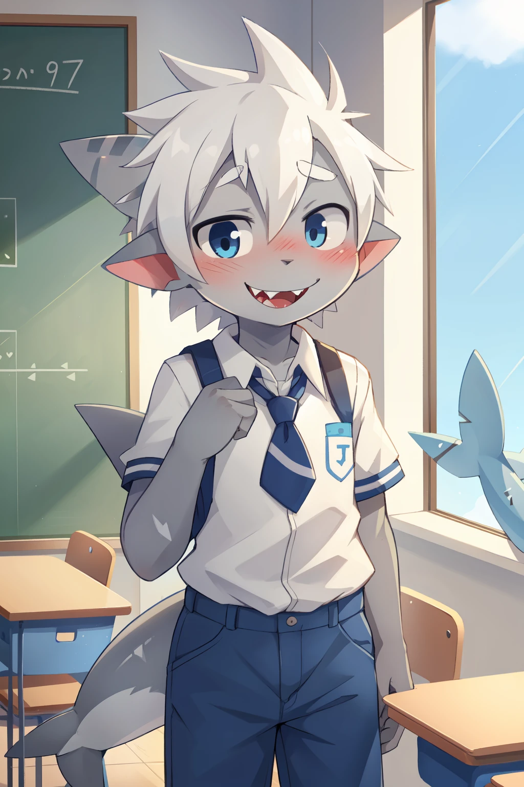 score_9,score_8_up,score_7_up, source_cartoon, source_furry, grey body, (shark snout), shark boy, shark tail, white hair, spiky hair, spike side hair, furry, blush, looking at viewer, smile, 1boy, pointy ears, sharp teeths, fangs, furry male, two tone skin, grey body, white body, ((school uniform shirt, blue pants)), school class, clear sky, blue eyes, blush, shy, standing, 