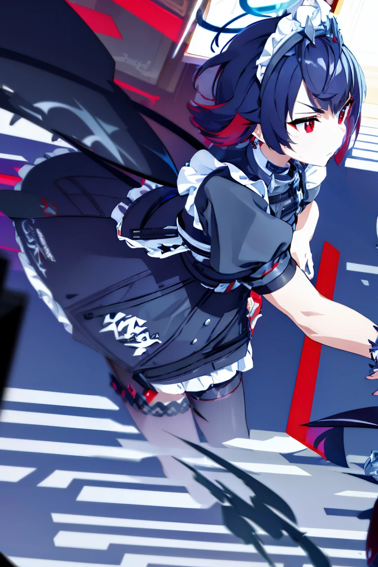 (((halo))), ellen joe, black hair, colored inner hair, multicolored hair, (red eyes:1.3), red hair, short hair, two-tone hair, apron, black pantyhose, black shirt, black skirt, ear piercing, fins, fish tail, maid, maid apron, maid headdress, pantyhose, piercing, puffy short sleeves, puffy sleeves, shark girl, shark tail, shirt, short sleeves, skirt, tail, two-tone hair, wrist cuffs,