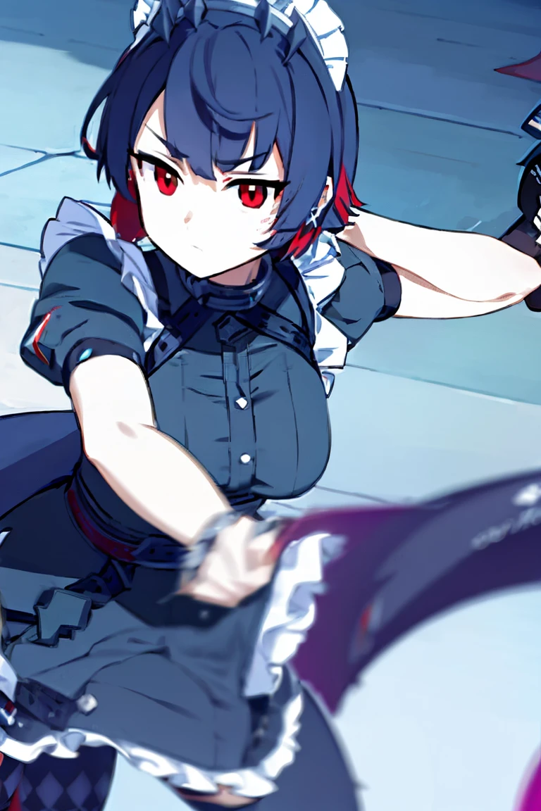 (((halo))), ellen joe, black hair, colored inner hair, multicolored hair, (red eyes:1.3), red hair, short hair, two-tone hair, apron, black pantyhose, black shirt, black skirt, ear piercing, fins, fish tail, maid, maid apron, maid headdress, pantyhose, piercing, puffy short sleeves, puffy sleeves, shark girl, shark tail, shirt, short sleeves, skirt, tail, two-tone hair, wrist cuffs,