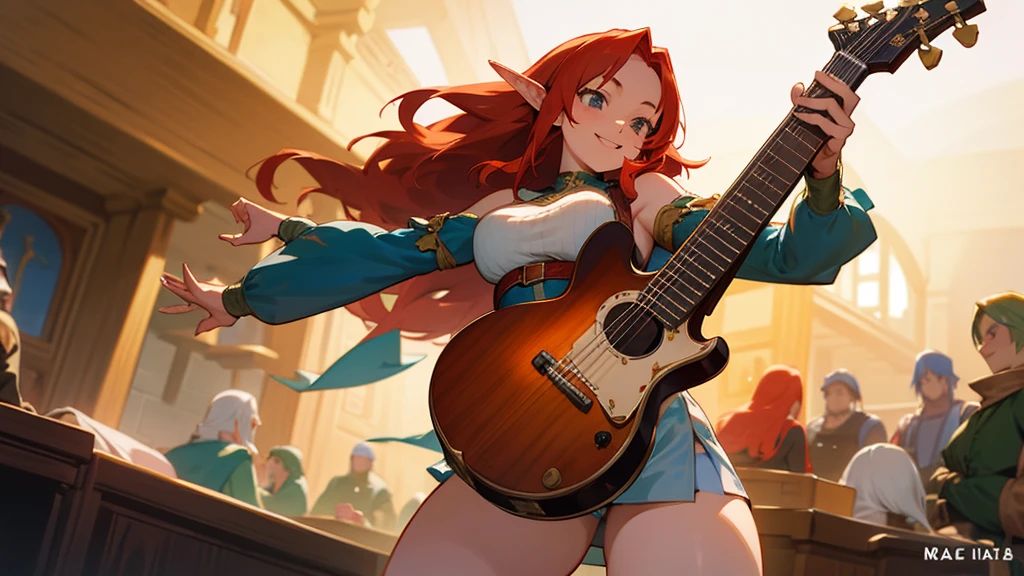 Anime Style,Nostalgic,Detailed background,The medieval world,A lively bar with lots of people,Smiling bard red-haired beautiful elf girl,guitar,Large Breasts,Healthy thighs,Underarm