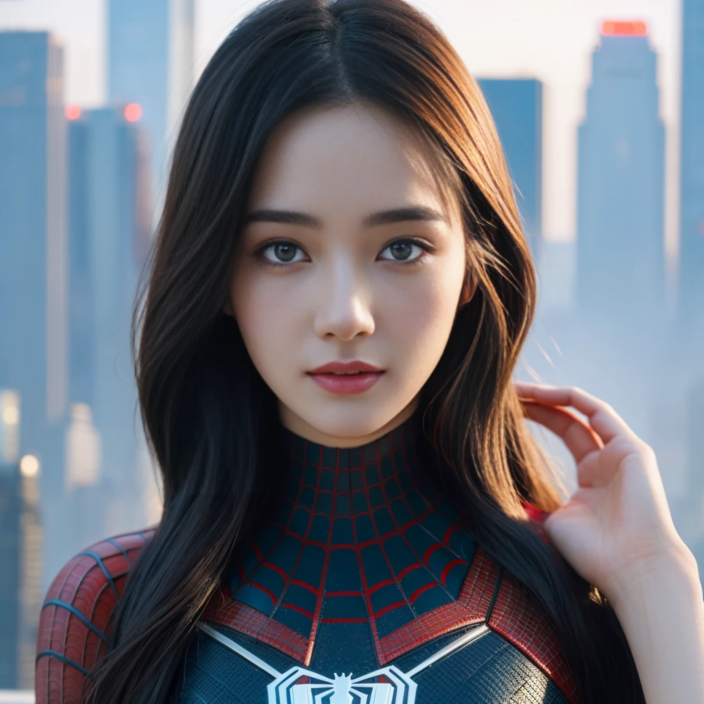 (1girl:1.3), Solo, (((Very detailed face)))), ((Very detailed eyes and face)))), Beautiful detail eyes, Body parts__, Official art, Unified 8k wallpaper, Super detailed, beautiful and beautiful, beautiful, masterpiece, best quality, original, masterpiece, super fine photo, best quality, super high resolution, realistic realism, sunlight, full body portrait, amazing beauty, dynamic pose, delicate face, vibrant eyes, (from the front), She wears Spider-Man suit, red and black color scheme, spider, very detailed city roof background, rooftop, overlooking the city, detailed face, detailed complex busy background, messy, gorgeous, milky white, highly detailed skin, realistic skin details, visible pores, clear focus, volumetric fog, 8k uhd, DSLR, high quality, film grain, fair skin, photo realism, lomography, futuristic dystopian megalopolis, translucent