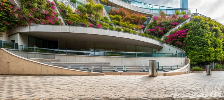 exterior of highrise apartment building, contemporary style, balconies, plants and flowers on balconies, vivid colour, beautiful landscape, stone pavement,cars, realistic, RAW photo, 8k uhd, dslr, soft lighting, high quality, film grain, Fujifilm XT3,masterpiece,