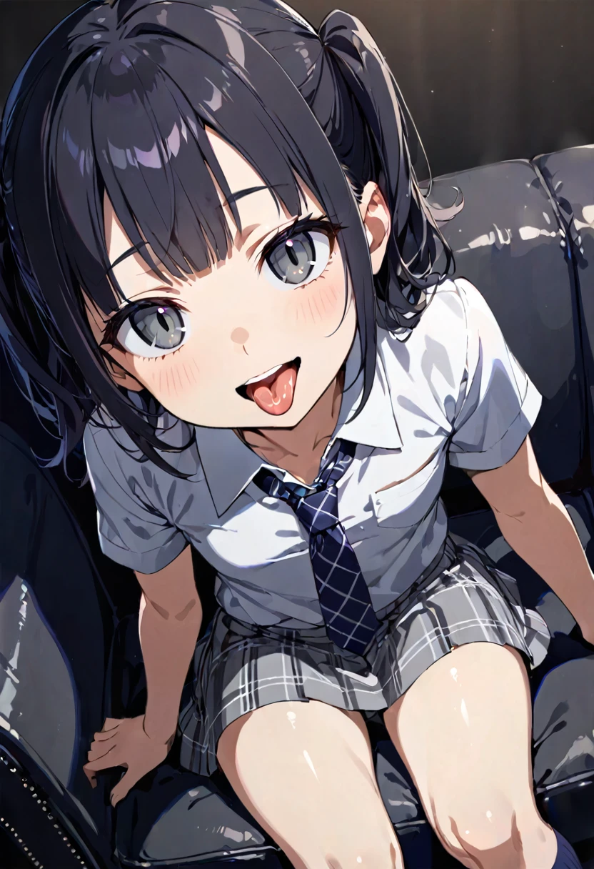 Sitting on a black sofa,looking ahead,from above,side view,face focus,open mouth,tongue out,cum on tongue,lick,(1girl,Beautiful 14 year old girl),((Slender,Small breasts,Baby Face,Small face,)),looking at viewer,Black Hair,bangs,two side up,Gray Eyes,Drooping eyes,slit pupils,narrow eyes,,Short sleeve shirt,Grey checked tie,Grey checked mini skirt,Navy blue socks,Beautiful and detailed anime art,Mischievous smile,Dimly lit room,Simple Background,Gray background,Low lighting