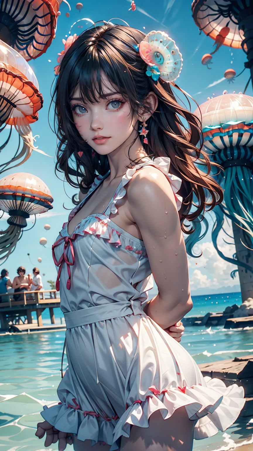 cute女の子、Yeah,Flat Chest,cute,(Jellyfish Girl:1.2), Put your arms behind your back,In the water,Frill dress,