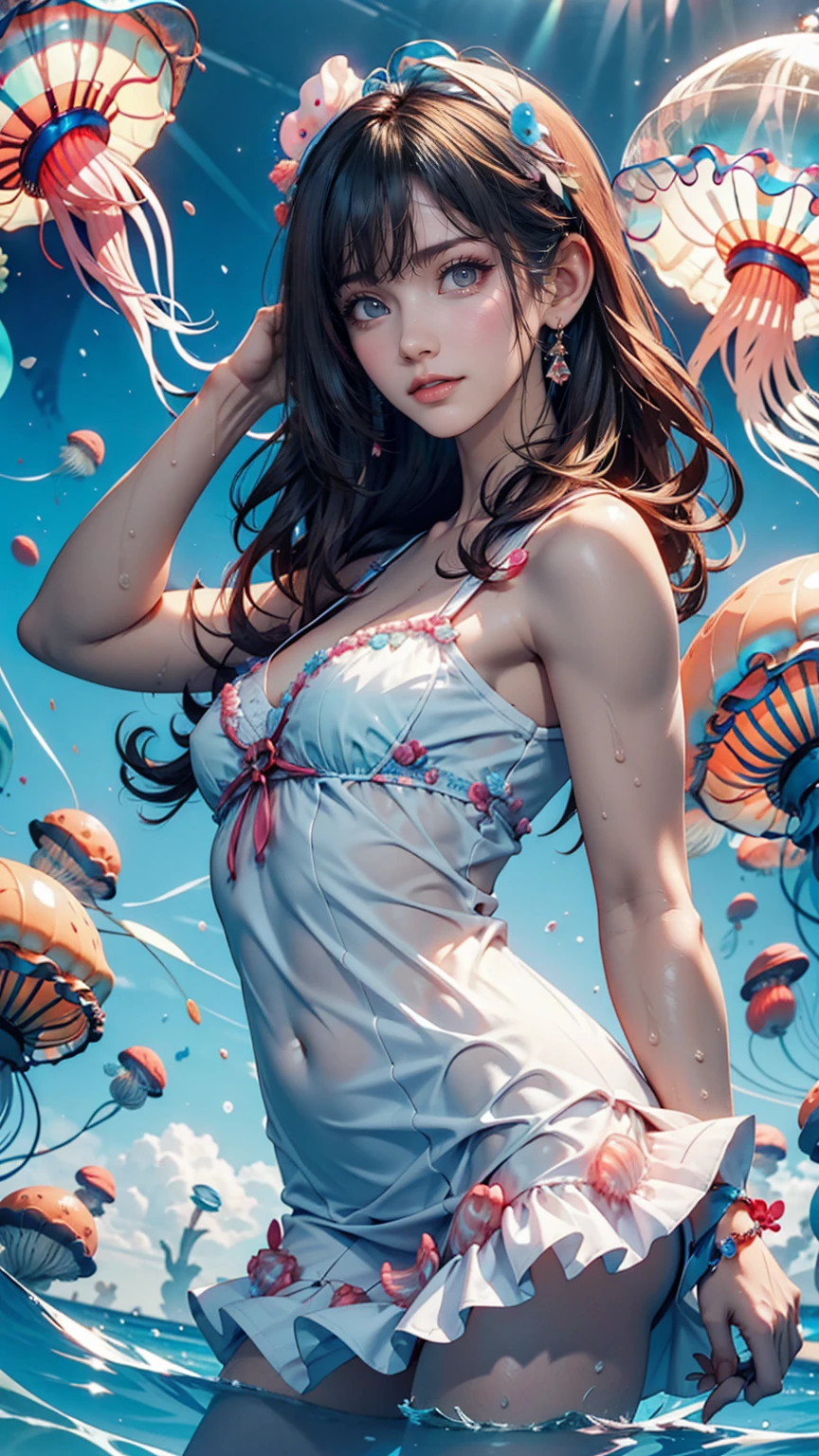 cute女の子、Yeah,Flat Chest,cute,(Jellyfish Girl:1.2), Put your arms behind your back,In the water,Frill dress,