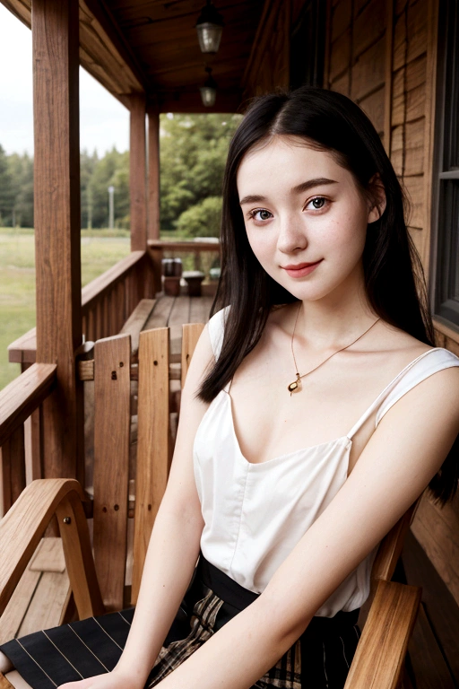 A young girl from Northern Europe, 21 years old, happy, cute face, pale skin, black hair, eyeliner, thin nose, wearing a neckline, wooden house porch, sitting on a wood chair