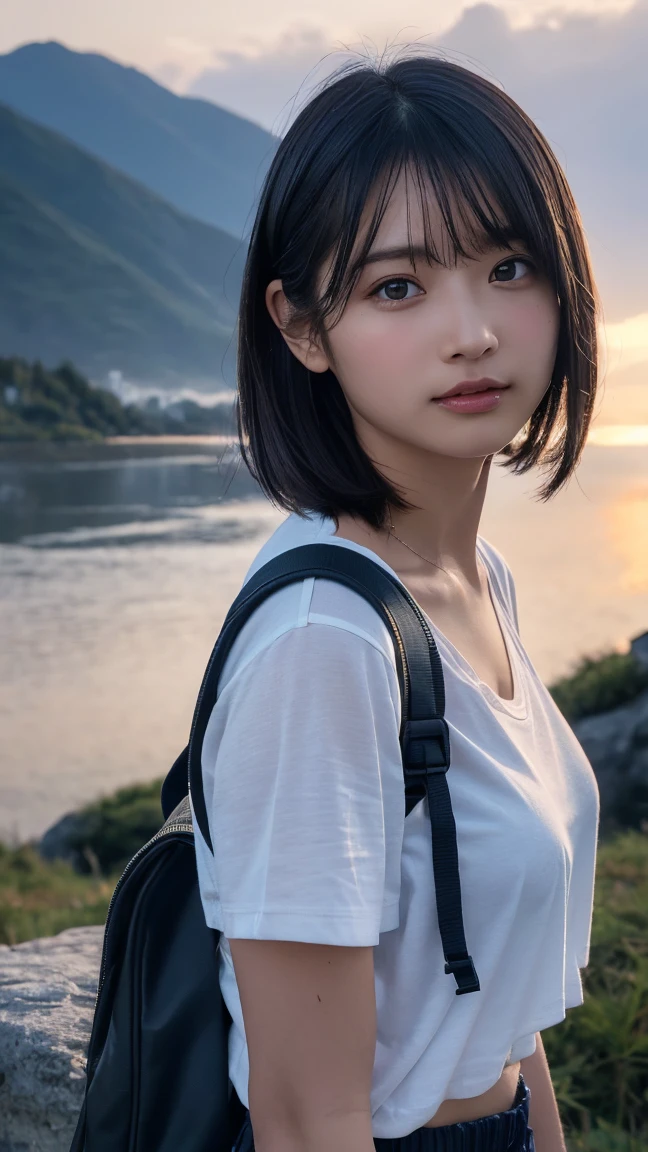 Highest quality, masterpiece, Ultra-high resolution, (Realistic:1.3), RAW Photos, (Nature landscape photography), (Majestic Mountain々The summit of the, sea of clouds), (On top of a very large mountain), (sunset), (One Girl), (Upper Body), (20-year-old), (smile:0.9), (Shiny skin), (short hair, Dark brown hair), (White T-shirt), (Casual shorts), (Carry a large backpack on your back), (Ultra detailed face), (Super beautiful poop), (Highly detailed eyes), (Highly detailed nose), (Highly detailed mouth), (Very skilled hands), (Super-detailed body), Sony a7, 85mm lens, f9.0, Pan Focus