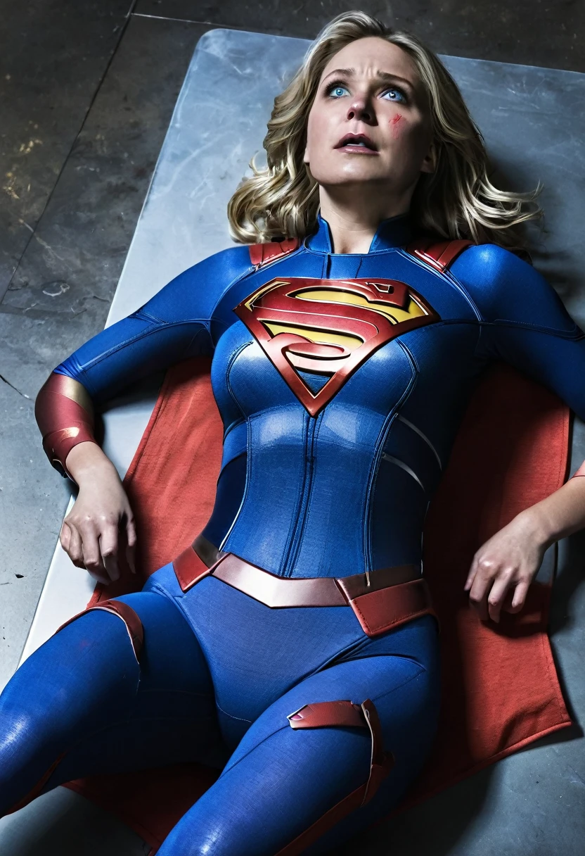 highest quality, masterpiece, 1girl, supergirl laying on her back, futanari, scars on body, wounds on body, injured face and body, ((Tearing of clothes)), supergirl bodysuit, screaming in pain, stabbed to death, chest stabbed, wounds on body, wounds on face, wounds on chest, blue suit, Superman logo on chest, ((bruises on body)), dark lab desk, pool of blood