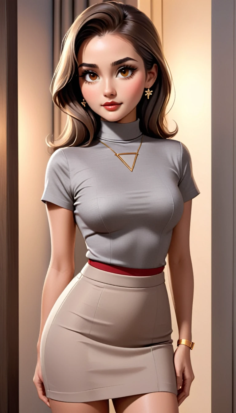 Beautiful woman with mid straight ponytail brown hair with brown eyes wearing Grey Tight Skirt, Beige Sexy Mock Neck Short Sleeves Blouse,18k gold wedding ring on left hand, standing with cross-legged in her closet at night, (caucasian skin), (light brown lipstick), (elegant mascara), (slim body), (small breasts), (wide hips), midjourney, <lora:GoodHands-, <lora:GoodLegs-, UHD, high resolution, (expressive eyes, perfect face, full body, expressive face, perfect body, perfect pussy, athletic, fit, slim body, blushing, Perfect makeup, eyeliner, beautiful eyelashes, smiling, horny face), ((best illumination, best shadows)), ((sexy pose))