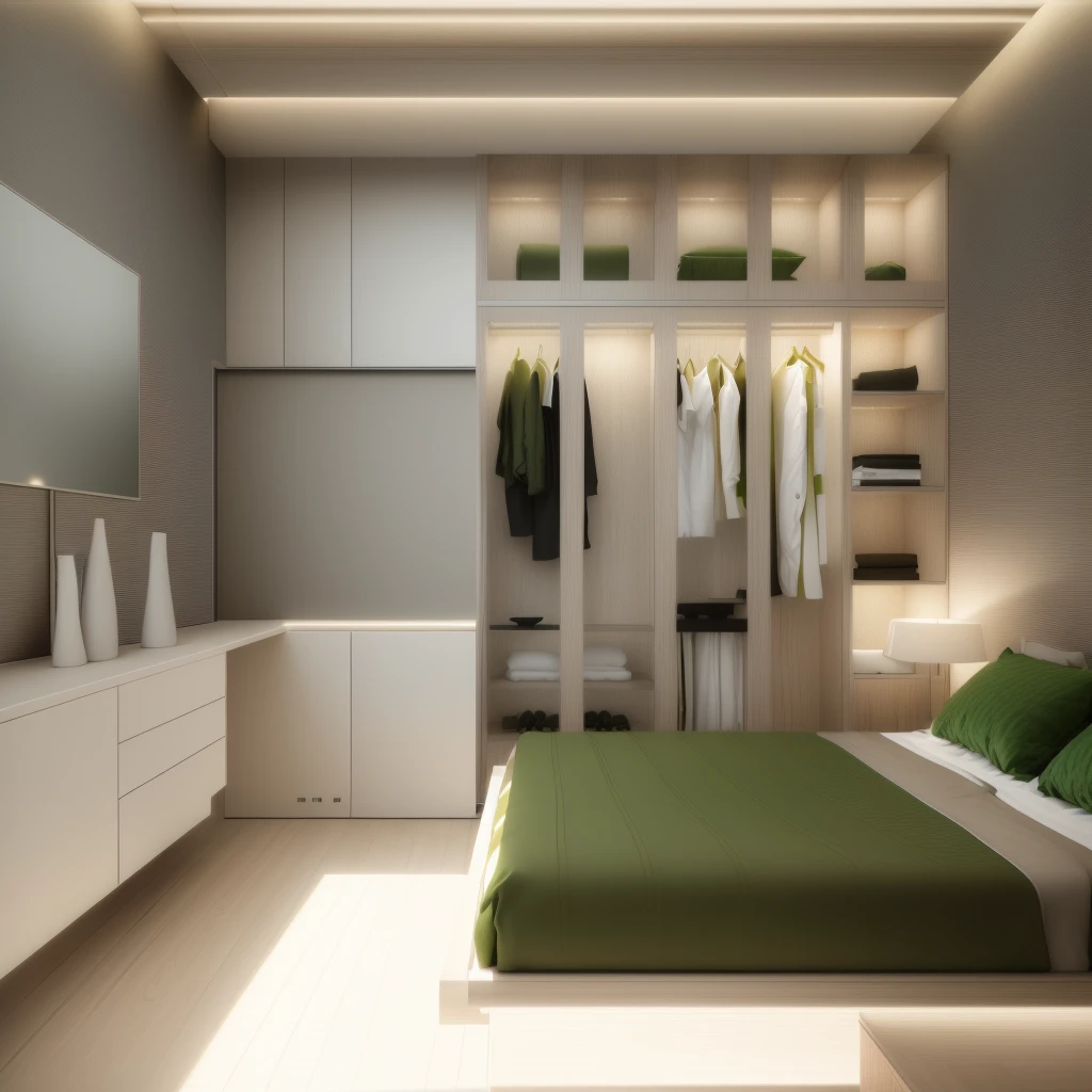 Design the master bedroom interior space in [contemporary, luxurious style], using wood, white ceiling lights, using indoor light combined with outdoor environmental light, [decorate Add a table tea in front of the sofa, modern, luxurious wooden table. Decorate the room with green plants and decorate the walls with paintings], [render vray 3ds max]