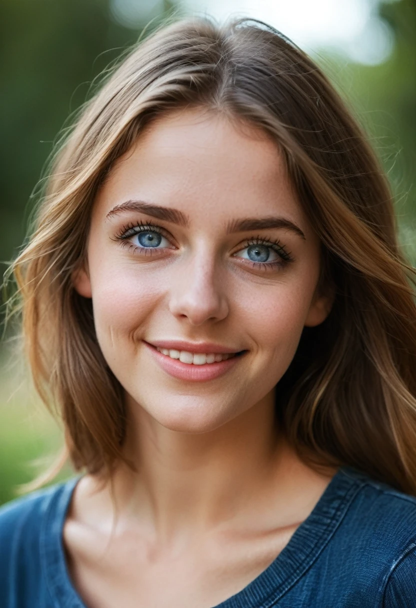 core_9, score_8_up, score_7_up, score_6_up, beautiful woman,cute face,shy,laughing out loud,extreme ultra detailed perfect eyes,dark and deep blue eyes,20yo,nose blush,big breast,eyes contact,Wearing tight casual short sleeves and jeans paint,outdoor,in park,(head tilted),RAW photo,realistic,volumetric lighting, depth of field,cinematic,close-up