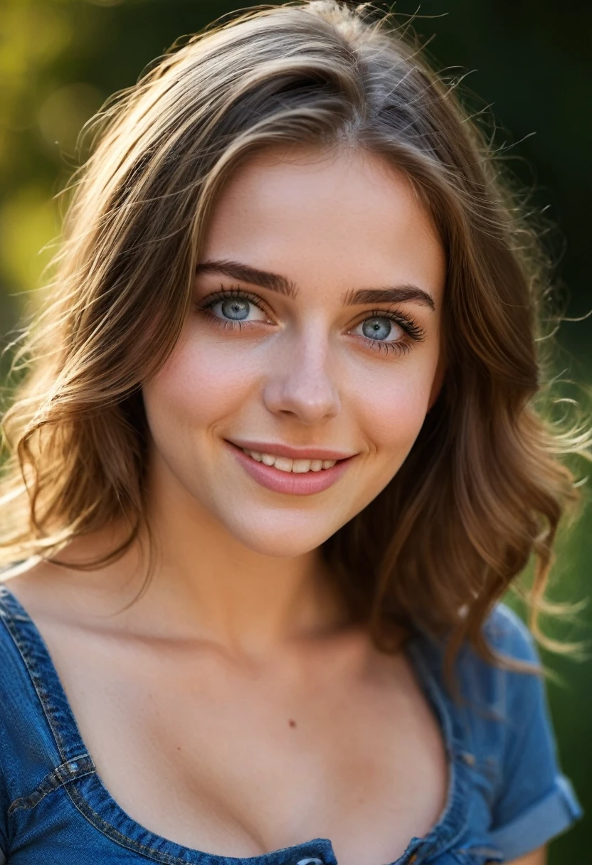 core_9, score_8_up, score_7_up, score_6_up, beautiful woman,cute face,shy,laughing out loud,extreme ultra detailed perfect eyes,dark and deep blue eyes,20yo,nose blush,big breast,eyes contact,Wearing tight casual short sleeves and jeans paint,outdoor,in park,(head tilted),RAW photo,realistic,volumetric lighting, depth of field,cinematic,close-up