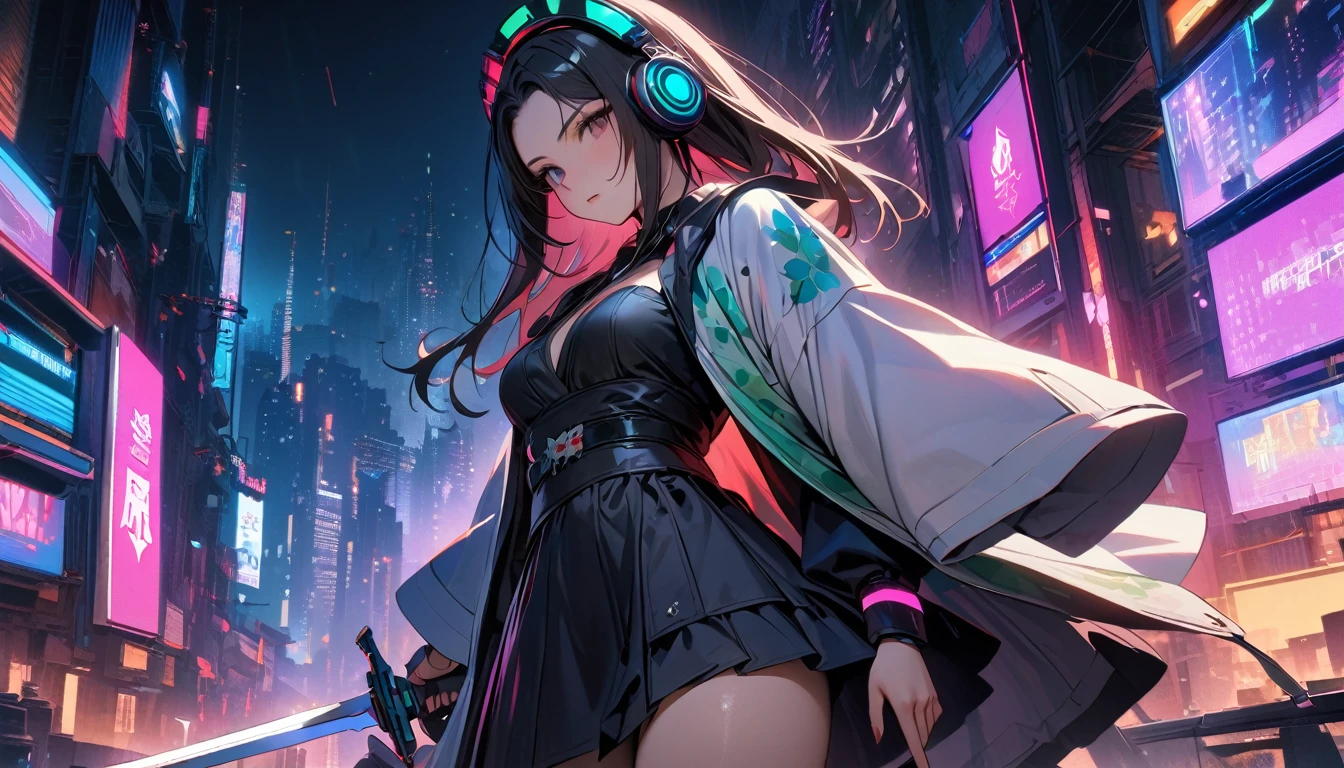 (((8K, Masterpiece, high resolution, highest quality, highest quality real texture skin))), ((wearing Japanese pattern headphones)), (((1 girl))), (((Butterfly patterned haori coat))), (((Hold the sword in your right hand))), (((Cyberpunk City at Night))), ((sunglasses)), (((Maid))), (Black shiny hair, beige skin)
