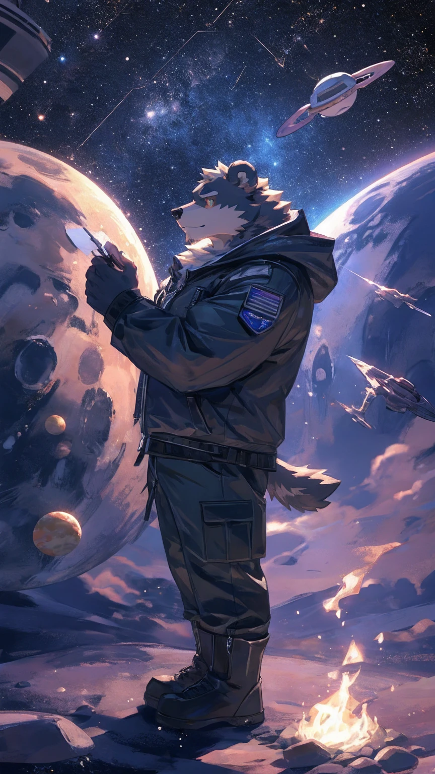 (masterpiece:1.2), best quality,pixiv,official art,perfect anatomy, (Ray tracing, light),solo, (1_male:1.3) , (muscle), (grey fur:1.4), (muscle bear), (beard:1.2), (gleaming golden eyes), bear tail, full body, Thick black eyebrows,(open hooded parka), (naked inside), (cargo pants:1.2), boots , (in the space:1.3) , star , planet , earth , asteroid , character floating
