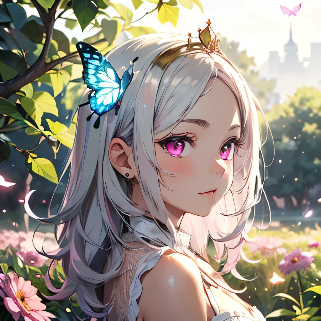(((Best quality))), (((Ultra detailed))), 1 girl, ((((vivid)))),(((beautiful detailed hair, medium hair, silver pink hair, pink mesh))), (((pink eyes))), (((crown, small, pretty, gold))), ((The tip of the wand is a heart、Heart is pink)), raining, viewing from above:1, (blush), flower field, beautiful detailed flowers, colorful flowers, ((fireflies, sunshine, particles)), butterfly, starrystarscloudcolorful