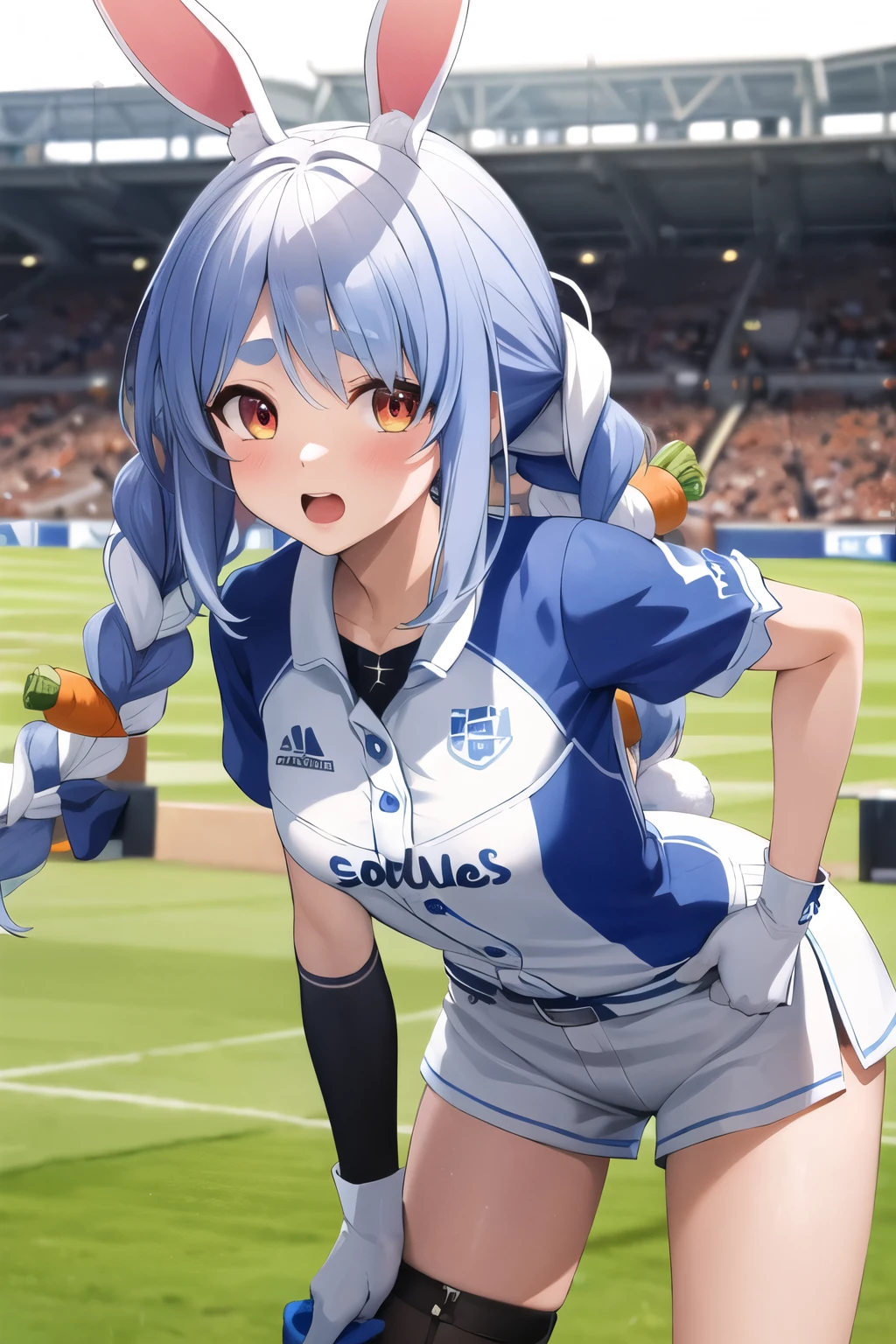 white baseball uniform, two carrots in hair, baseball ground, masterpiece, best quality, highres, ddpekora, standing, green background, standing, cowboy shot, masterpiece, best quality, highres, ccpekora, long hair, rabbit ears, ((extreme detailed, highly detailed:1.4)), (official art:1.2), nice hands, perfect hands, 1girl, blush, small breasts, leaning forward, looking at viewer, nostalgic view, hair blowing in the wind, cowboy shot, two carrots in hair, tears