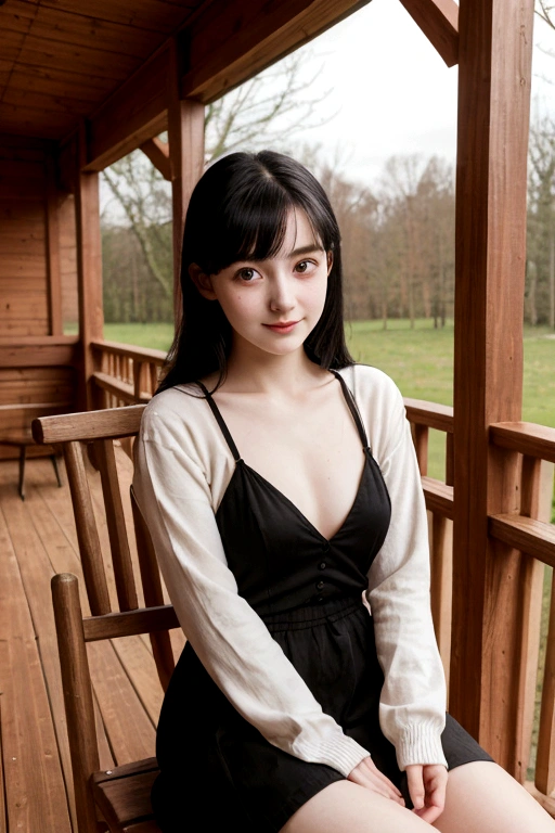 A young girl from Northern Europe, 21 years old, happy, cute face, pale skin, black hair, eyeliner, thin nose, wearing a neckline, wooden house porch, sitting on a wood chair