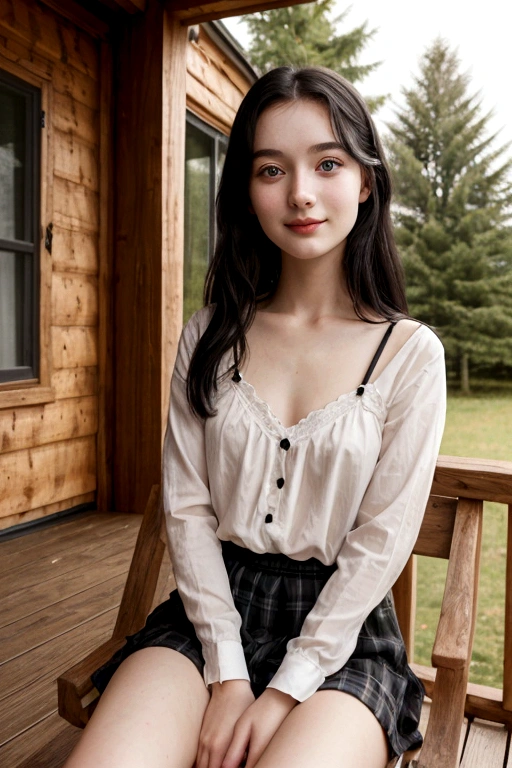 A young girl from Northern Europe, 21 years old, happy, cute face, pale skin, black hair, eyeliner, thin nose, wearing a neckline, wooden house porch, sitting on a wood chair