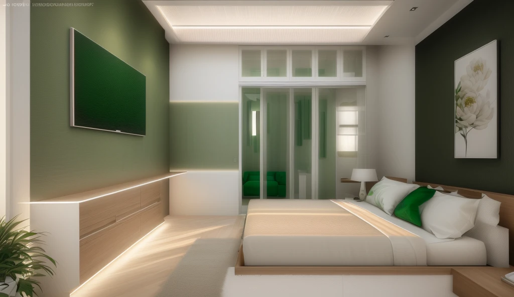 Design the master bedroom interior space in [contemporary, luxurious style], using wood, white ceiling lights, using indoor light combined with outdoor environmental light, [decorate Add a table tea in front of the sofa, modern, luxurious wooden table. Decorate the room with green plants and decorate the walls with paintings], [render vray 3ds max]