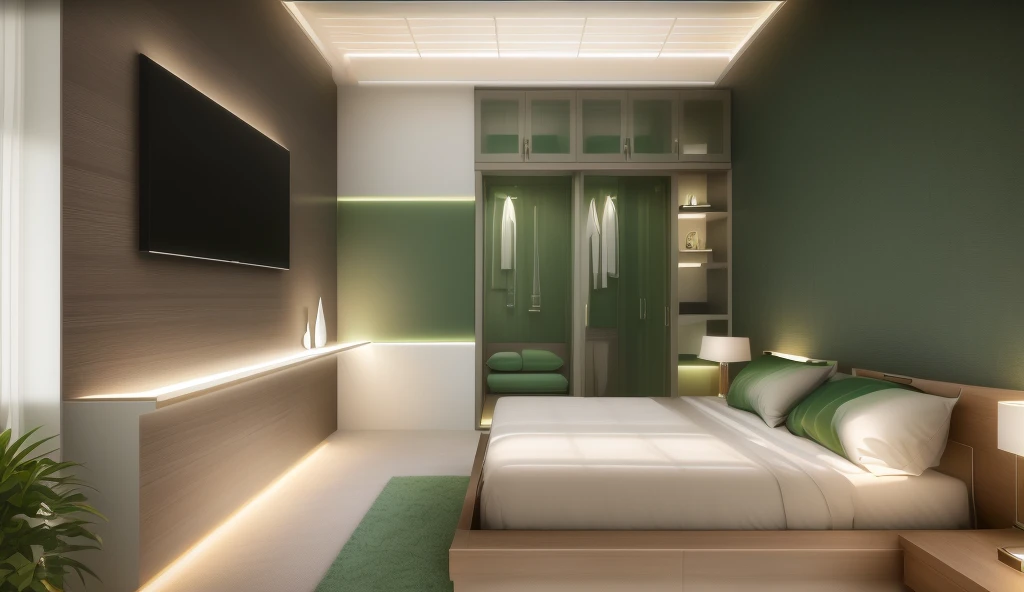 Design the master bedroom interior space in [contemporary, luxurious style], using wood, white ceiling lights, using indoor light combined with outdoor environmental light, [decorate Add a table tea in front of the sofa, modern, luxurious wooden table. Decorate the room with green plants and decorate the walls with paintings], [render vray 3ds max]