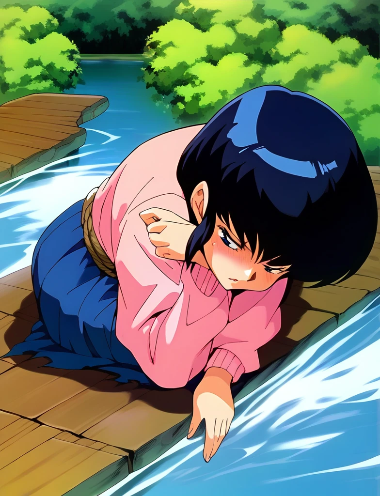Kyoko,score_9,score_8_superior,score_7_superior,sauce_anime,One girl,alone,View your viewers,soaked,downpour,in the forest,Pink Sweater,White collared shirt,length_skirt,blue skirt,Spread your legs,Pantyhose exposed,Lying down,Sad face,:to be tied up、Bondage、Torn clothing、Rope digging into crotch、パンティ、