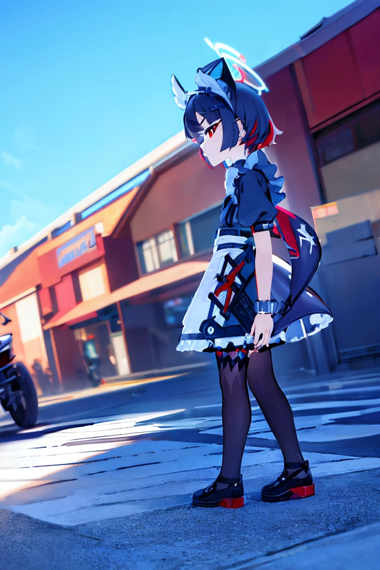 (((halo, blue sky, standing, full body))), ellen joe, black hair, colored inner hair, multicolored hair, (red eyes:1.3), red hair, short hair, two-tone hair, apron, black pantyhose, black shirt, black skirt, ear piercing, fins, fish tail, maid, maid apron, maid headdress, pantyhose, piercing, puffy short sleeves, puffy sleeves, shark girl, shark tail, shirt, short sleeves, skirt, tail, two-tone hair, wrist cuffs,