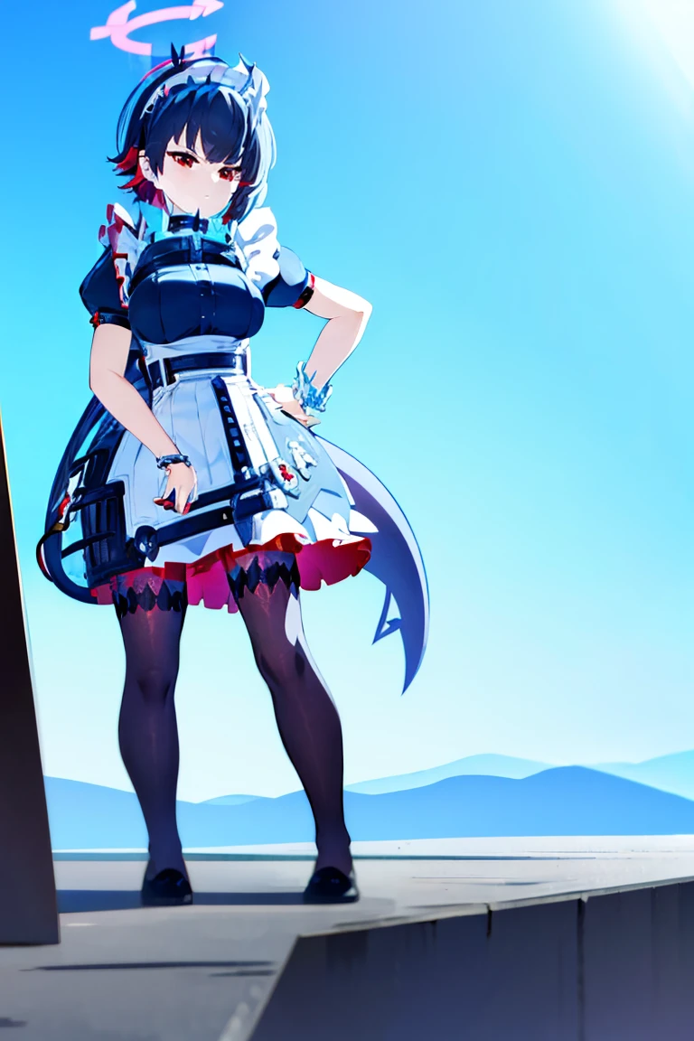 (((halo, blue sky, standing, full body))), ellen joe, black hair, colored inner hair, multicolored hair, (red eyes:1.3), red hair, short hair, two-tone hair, apron, black pantyhose, black shirt, black skirt, ear piercing, fins, fish tail, maid, maid apron, maid headdress, pantyhose, piercing, puffy short sleeves, puffy sleeves, shark girl, shark tail, shirt, short sleeves, skirt, tail, two-tone hair, wrist cuffs,